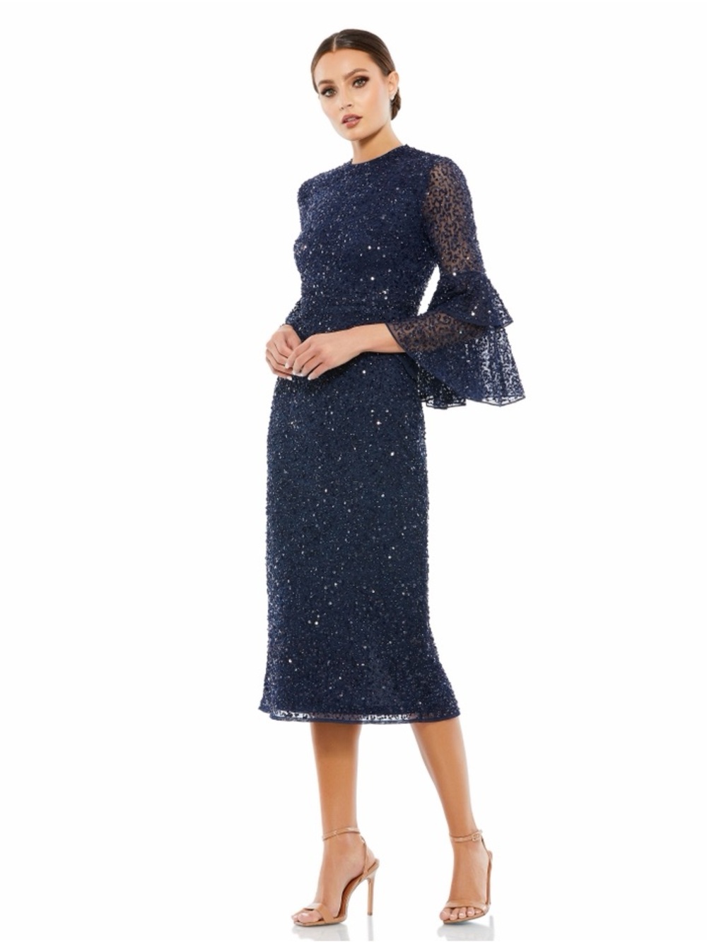 Mac Duggal 10802 Fully Sequined Ruffle Tiered 3/4 Sleeve Midi Dress Size 24 $798